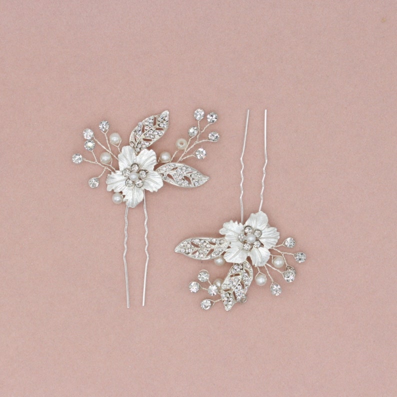 Silver, Rhinestone, Bridal hair accessory, Bridal hair pin, Wedding hair accessory, Rhinestone flower accessory image 1