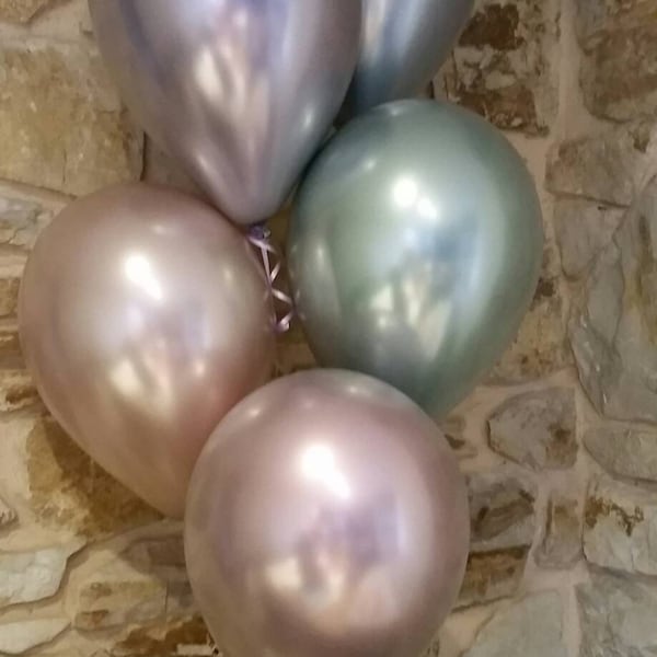 Gorgeous softened Chrome Balloons, pastel chrome balloons, pale pastel colours, pale metallic rose gold,pale blue,pale mauve,pale green