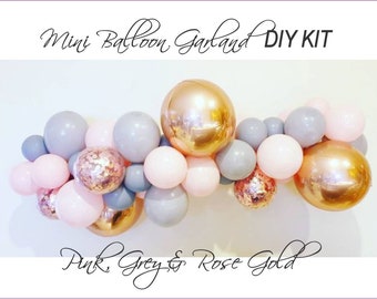 DIY Mini Balloon Garland, Grey, Pink and Rose Gold, Rose Gold Confetti Balloons, Balloon Garland, Baby Shower, Bridal Shower, Engagement