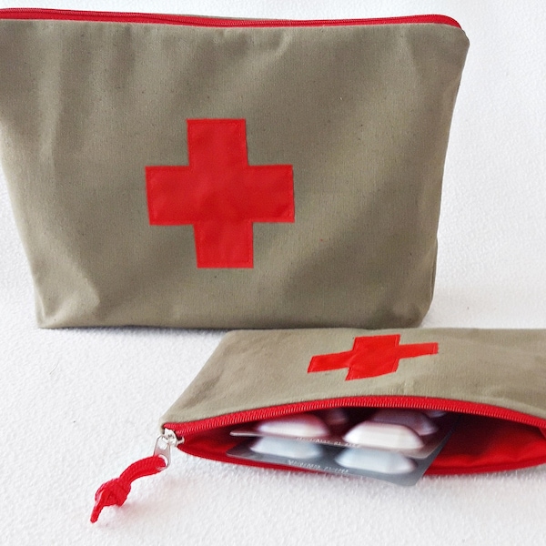 Army Green First Aid Pouch Red Cross Medicine Bag Emergency Bag Waterproof Lining First Aid Kit Zippered Cosmetic Pouch Choose Your Size