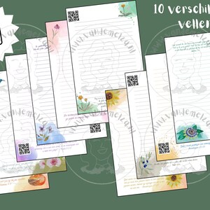 May include: A set of ten lined stationery sheets with watercolour floral and nature designs. Each sheet has a unique illustration, a QR code, and a sketch of a woman's face. The text "10 verschillende vellen!" is visible.