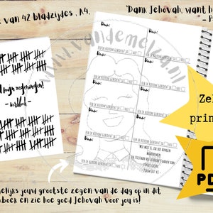 Pode incluir: Um caderno de exercícios imprimível com uma ilustração em preto e branco de um rosto sorridente. O caderno é intitulado "Dank Jehovah, want hij is goed." e inclui o texto "Psalm 106:1" e "Zelf printen!" O caderno tem 42 páginas e é do tamanho A4. O caderno é para contar as bênçãos e inclui uma seção para escrever as bênçãos diárias.