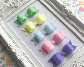 Pastel Hairbows, Spring Felt Mini Hair Bows, Girls Hair Clips, Spring Felt Bow Set, Felt Hair Clips, Pastel Bow Set, Cute Little Bows