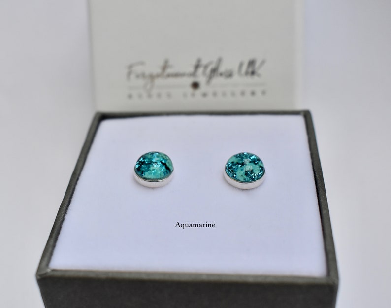 Cremation jewellery. Ashes in glass. Pet memorial jewellery. Memorial jewellery. Pet ashes jewellery. Pet ashes stud earrings. aquamarine