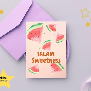Salam Sweetness Digital Baby Card | Muslim New Baby Printable | Watermelon-Themed Islamic Greeting | Instant Download