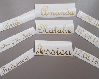 custom decals (set of Title + Name + Date) for wood hangers, Bridal Party Decals, Wedding Decals, Personalized, Bachelorette Party,