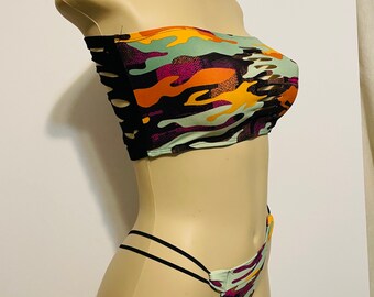 Exotic Custom Handmade Sexy Thong Lingerie Cropped Top Two Piece Bikini Rave Night Club Dancewear Outfit