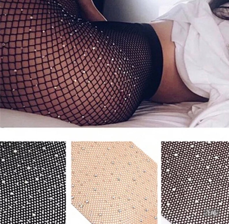 Fishnet Bedazzled Glitter Tights Rave Lingerie Pantyhose Rhinestone Sparkle Embellished Crystal One Size Bling Stocking