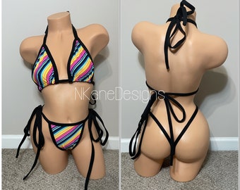 Custom Made Two Piece Exotic Dancer Costume, Stripper Dance Outfits. Multicolored - M/L