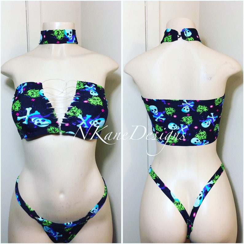 NKaneDesigns Custom Exotic Dancewear Black and Blue Multicolored Cropped Top and Thong Set.
