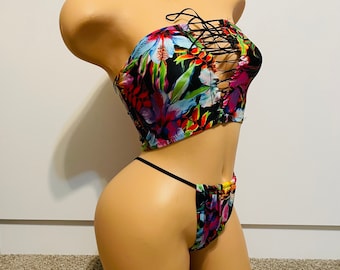 Exotic Custom Handmade Sexy Thong Lingerie Cropped Top Two Piece Bikini Rave Night Club Dancewear Outfit