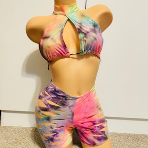 Exotische custom handgemaakte sexy tweedelig paaldanseres rave nachtclub shorts danskleding outfit