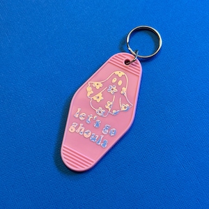 Let’s Go Ghouls keychain / floral ghost retro motel keychain / holographic keychain / ghost keychain / Halloween motel keychain