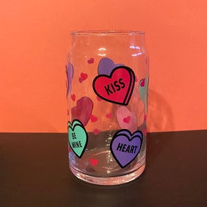 Candy Hearts Glass Cup / Valentines Day Iced Coffee Cup / Candy Hearts Libbey Beer Can Glass / Libbey Beer Can Glass / Conversation Hearts