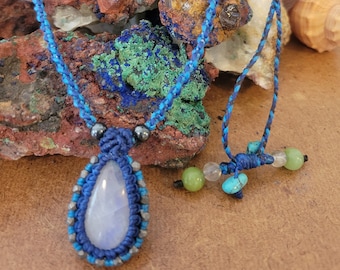 Rainbow Moonstone Pendant on Blue Cord with Changa Beads