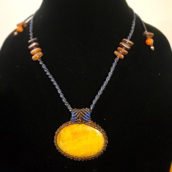 Large Oval Orange Calcite Pendant - Micro Macrame Technique - Simple Adjustable Necklace