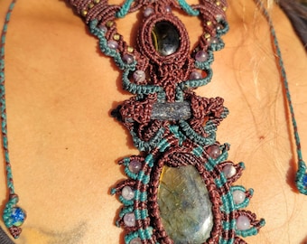 Spiritual Mandala: Labradorite & Tourmaline Micromacrame Necklace