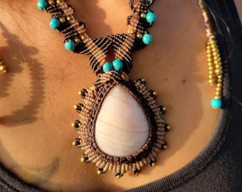 Ornate Pink Calcite Pendant Necklace – Elegant Macramé with Brass & Turquoise Accents | Boho Hippie Necklace
