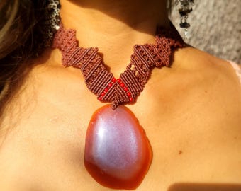 Orange Carnelian Agate Pendant Necklace – Zigzag Macrame with Antique Beads, Adjustable Length
