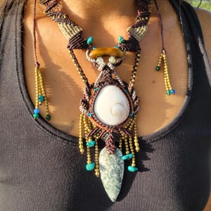 Snail Shell and Tree Agate Pendant – Micromacramé with Tiger’s Eye & Brass Beads, Adjustable Length Tribal Boho  Hippie Necklace
