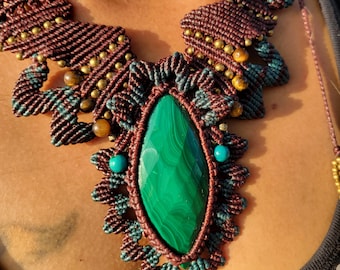 Elegant Malachite Pendant Necklace – Faceted Malachite Gemstone with Tiger Eye and Brass Beads | Boho  Hippie Fashion | Festival Style