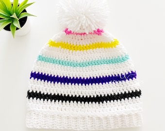 Color Pop Beanie Hat Crochet Pattern | Basic Hat Crochet Pattern | Child & Adult Size Crochet Hat Pattern | Crochet Hat with Brim and Pom
