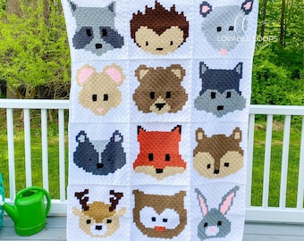 Crochet Baby Blanket Pattern | Crochet Animals | c2c Crochet Blanket Squares |  Crochet Baby Blanket Gift Pattern | Woodland Animals Blanket