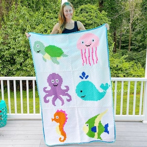 Modèle de couverture de bébé au crochet | Animaux au crochet | Carrés pour couverture au crochet c2c | Modèle cadeau de couverture de bébé au crochet | Couverture animaux marins