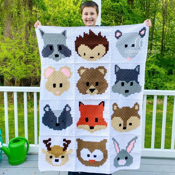 Crochet Baby Blanket Pattern | Crochet Animals | c2c Crochet Blanket Squares |  Crochet Baby Blanket Gift Pattern | Woodland Animals Blanket
