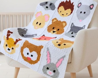 Woodland animal baby blanket crochet pattern, C2C nursery blanket PDF