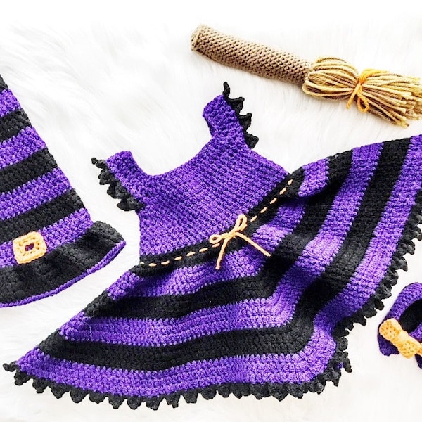 Patrón de crochet para disfraz de Halloween de bruja bebé / Patrón de crochet de 0/3 y 3/6 meses / PATRÓN DE crochet para disfraz de bruja SOLAMENTE