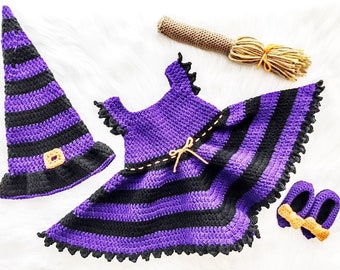 Baby Witch Halloween Costume Crochet Pattern | 0/3 and 3/6 months crochet pattern | Witch Costume Crochet PATTERN ONLY