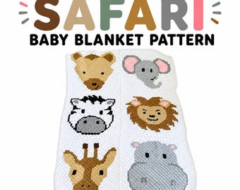 May include: A white crochet baby blanket featuring six animal faces: a brown bear, a gray elephant, a black and white zebra, a brown lion, a brown giraffe, and a gray hippo. The text CROCHET SAFARI BABY BLANKET PATTERN and Lovable Loops Shop by Melissa Hassler appear.