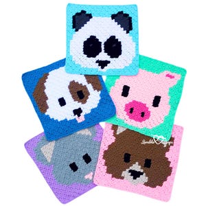 May include: Five crocheted squares featuring different animal faces: a panda, a dog, a pig, a cat, and a bear. The squares are in various colors, including blue, green, pink, purple, and brown.