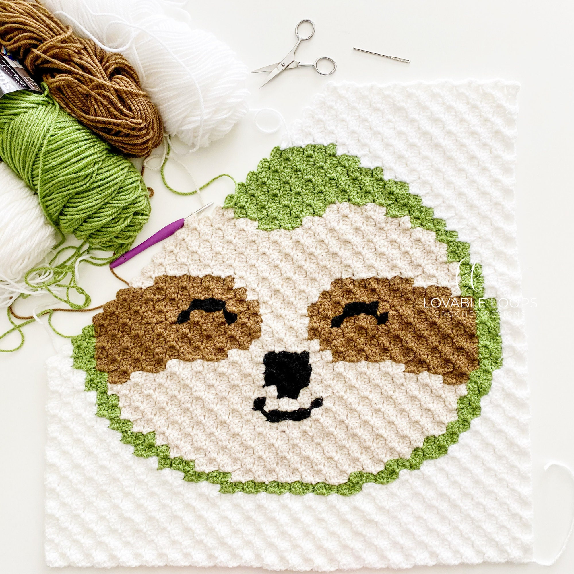 Sloth Face Crochet Pattern corner to corner c2c Sloth Etsy