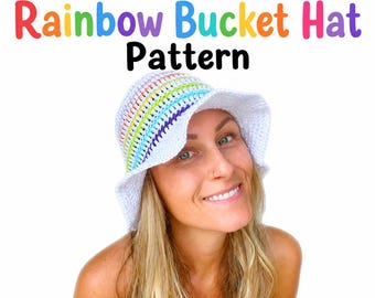 Patrón de gorro tipo cubo Arrecife Arcoíris a crochet • Tallas para niños y adultos (patrón en PDF)