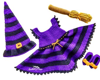 Baby Witch Halloween Costume Crochet Pattern | 0-6 Months (PDF Pattern)