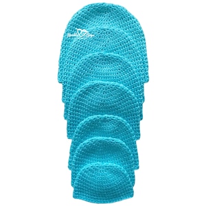 May include: A stack of seven turquoise crochet beanies. The beanies are arranged in a vertical line, decreasing in size from top to bottom. The crochet stitch is visible, and the beanies are a solid color. The image includes the text "Lovable Loops".