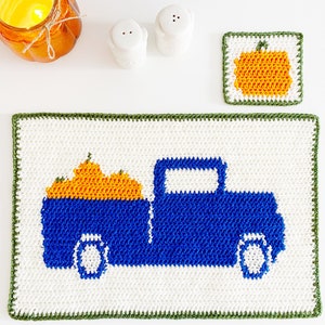 Fall Placemat and Coaster Set Crochet Pattern | Crochet Home Decor Pattern | Fall Truck with Pumpkins PATTERN ONLY