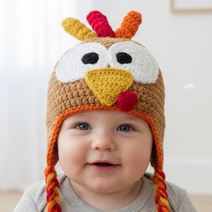 May include: A brown crochet turkey hat with orange, yellow, and red accents. The hat features a turkey face with white eyes, a yellow beak, and a red wattle. Braided ear flaps in matching colors complete the design. A festive accessory for babies.