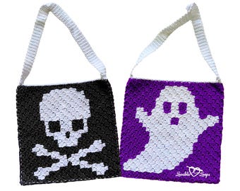 Wzór na szydełkową torbę na Halloween • Wzór z czaszką i duchem (wzór w formacie PDF)