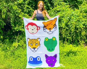 Modèle de couverture d'animal de la jungle au crochet C2C | Safari Baby Afghan (Modèle PDF)