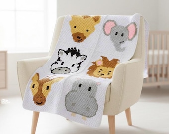 Safari Animals C2C Crochet Baby Blanket Pattern, Six Panel Nursery PDF
