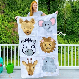 Crochet Baby Blanket Pattern | Crochet Animals | c2c Crochet Blanket Squares |  Crochet Baby Blanket Gift Pattern | Safari Animals Blanket