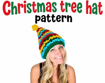 May include: A crochet Christmas tree hat pattern featuring a conical shape with horizontal wavy stripes in red, yellow, and blue, topped with a yellow star. The text reads Crochet Christmas tree hat pattern and Lovable Loops Shop by Melissa Hassler.