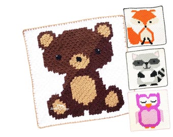 4 Cute Crochet Woodland Animals Patterns • Crochet Square Pattern • C2C Crochet Pattern • Crochet Woodland Pattern • Woodland Nursery Decor