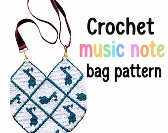 May include: A crochet bag with a white and teal diamond pattern featuring music note motifs, a brown adjustable strap with gold-tone hardware, and the text "Crochet music note bag pattern" and "Lovable Loops Shop by Melissa Hassler".