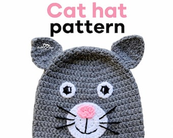 Cat Beanie Crochet Hat Pattern, Sizes Baby to Adult (Digital Download)