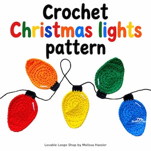 May include: A crochet pattern for Christmas lights featuring five colorful, bulb-shaped ornaments in red, orange, yellow, green, and blue, each with a black base and a small white highlight. The text reads Crochet Christmas lights pattern.