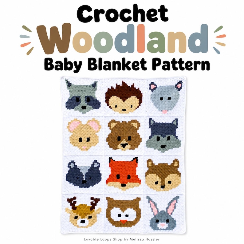 Woodland Animal C2C crochet baby blanket pattern listing photo by LovableLoopsShop